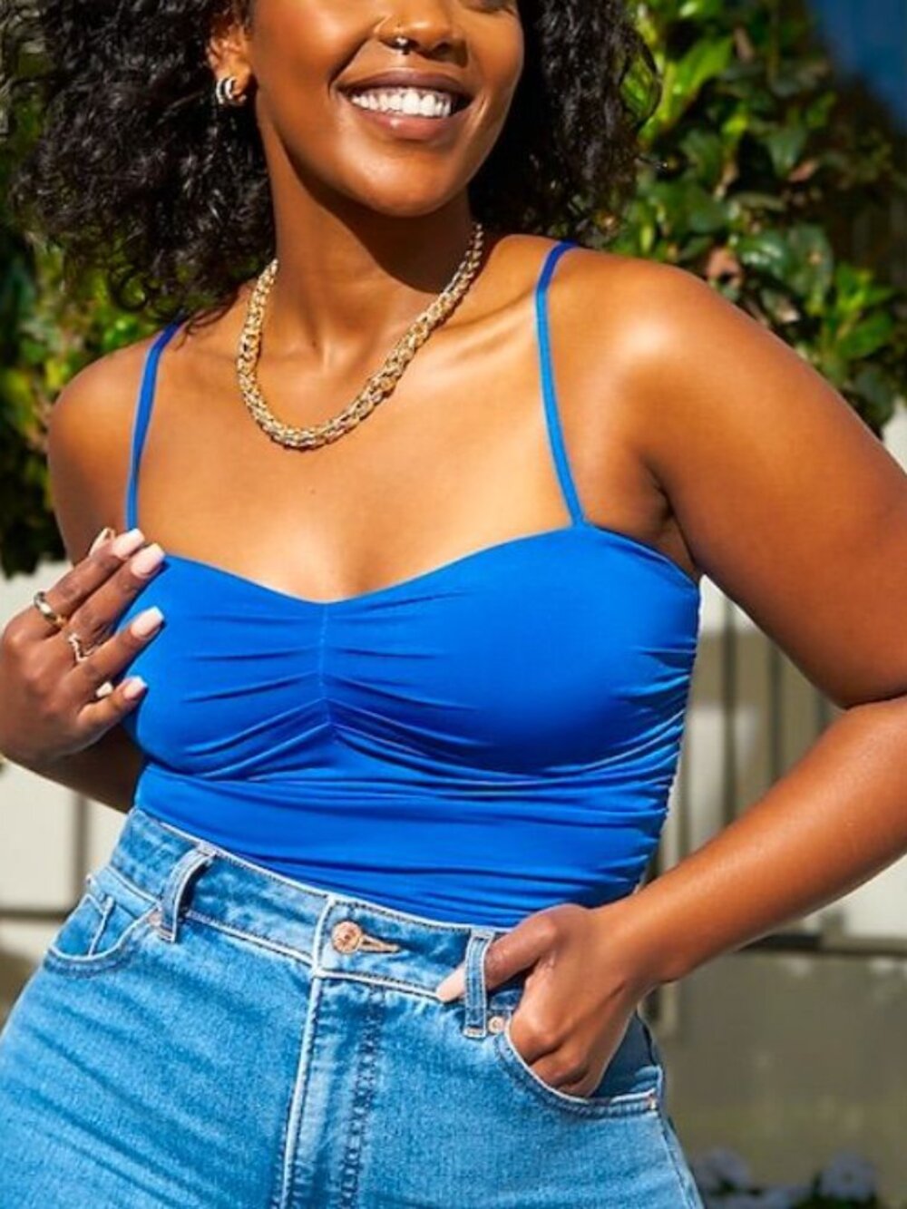 EXPRESS Royal Blue Ruched Bodysuit